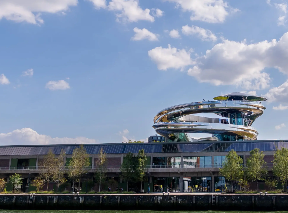 View of the outside of Fenix building with the stainless steel construction called the tornado